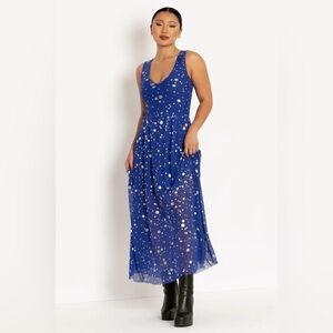 BLACKMILK Christmas Star Blue V Neck MAXI DRESS! Holiday Party Sheer Snowflakes